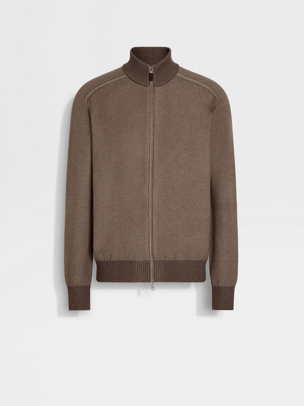 ZEGNA MEN’S BROWN AND LIGHT TAUPE CASHSETA FULL ZIP CARDIGAN